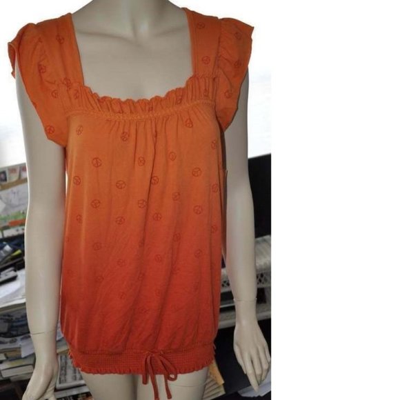 Womens Tunic Shirt Mudd Orange Large Peace Sign Cap Sleeve Banded Hem Faded Jr - Picture 1 of 3